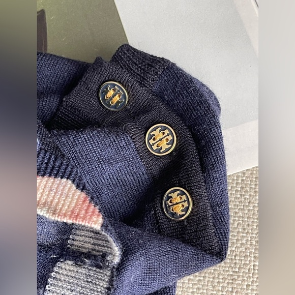 Tory Burch Floral 100% Merino Wool Sweater/Blouse In Navy Blue Size S - Picture 8 of 10